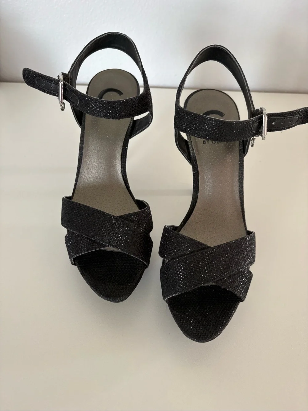 G by Guess Black Sparkle Cross-Strap Heels #7, 5” Heel